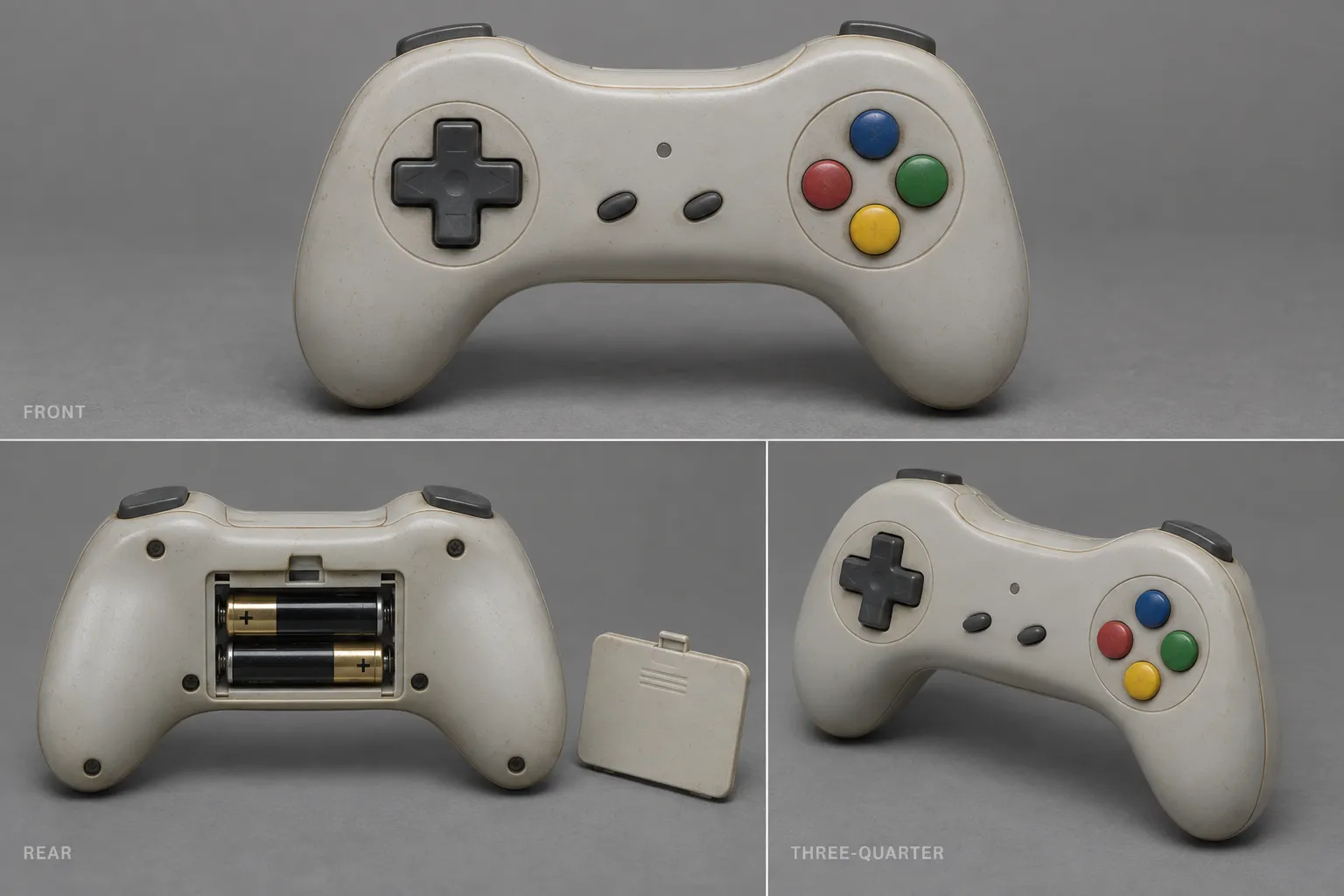 Reference sheet showing front and rear views of a gray retro-style controller with colored buttons.