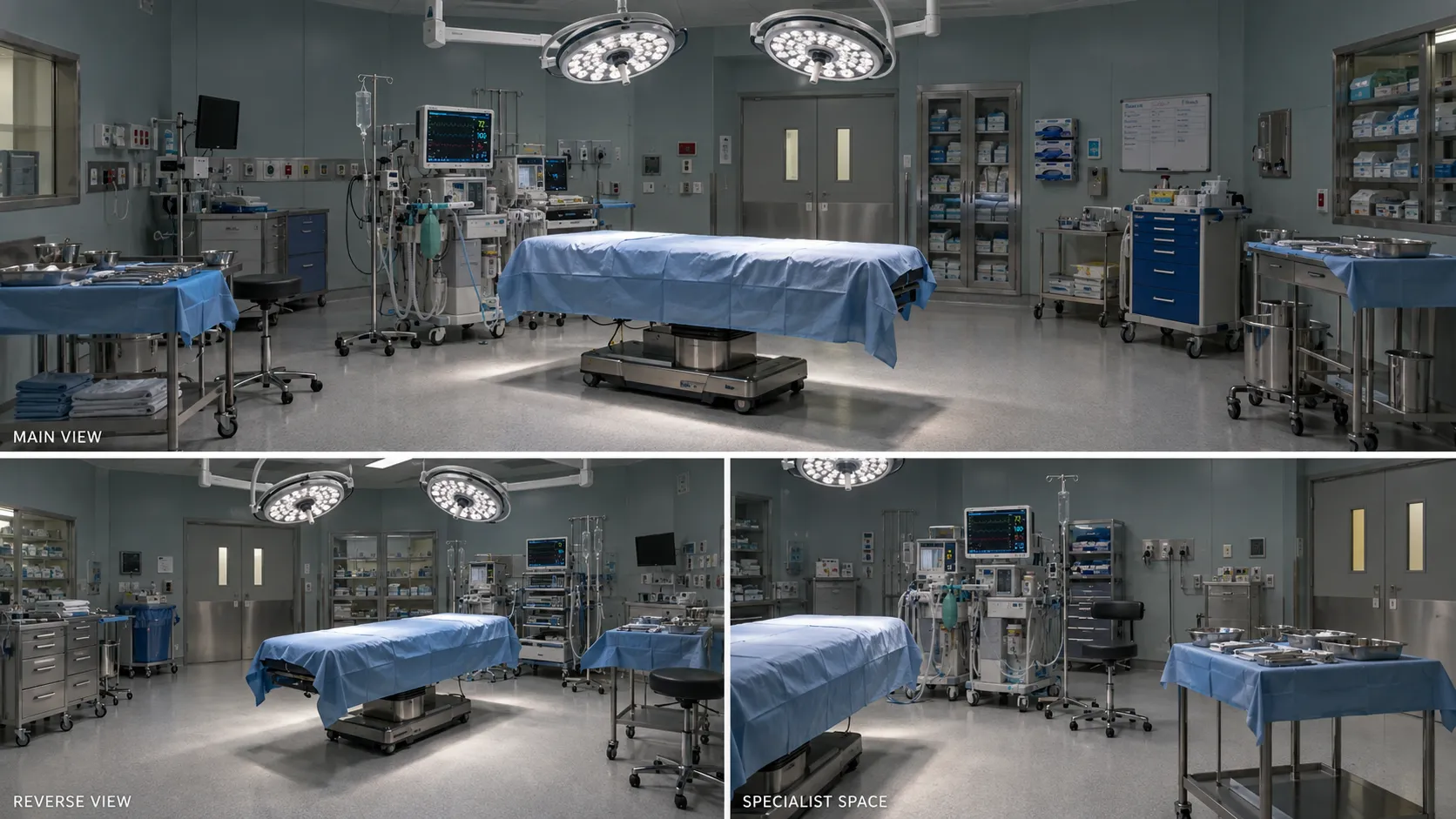 Multiple views of an empty operating room with overhead lamps and surrounding equipment.